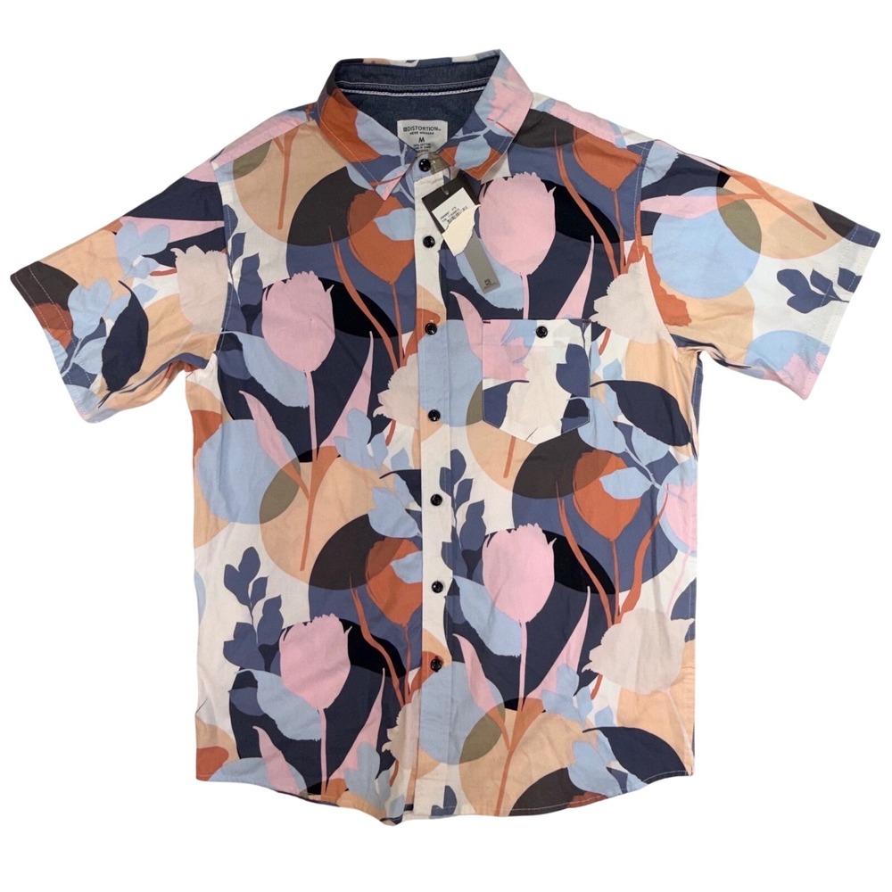 Distortion Mens Modern Floral Abstract Button Down Shirt Short Sleeve Cotton M